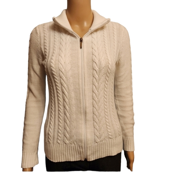 Chaps White Cable Knit Ribbed Zip-Up Sweater Size XS - Picture 1 of 13